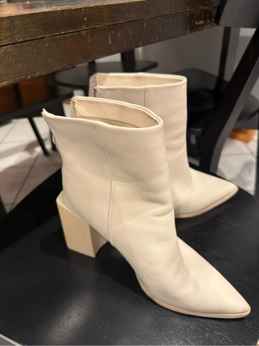 Steve Madden Women's Cream/ White ish Pointed Toe Block Heel Ankle Boots - Picture 6 of 7